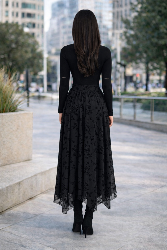 Kadın Günlük ve Tesettüre Uygun Uzun Basklı ve Likralı Uzun Tül Etek 2611 L - SİYAH