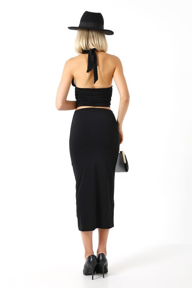 ÖN DRAPELİ UZUN ETEK 82 CM /ÖN BÜZGÜLÜ ETEK / DRAPED LONG SKIRT XS - SİYAH