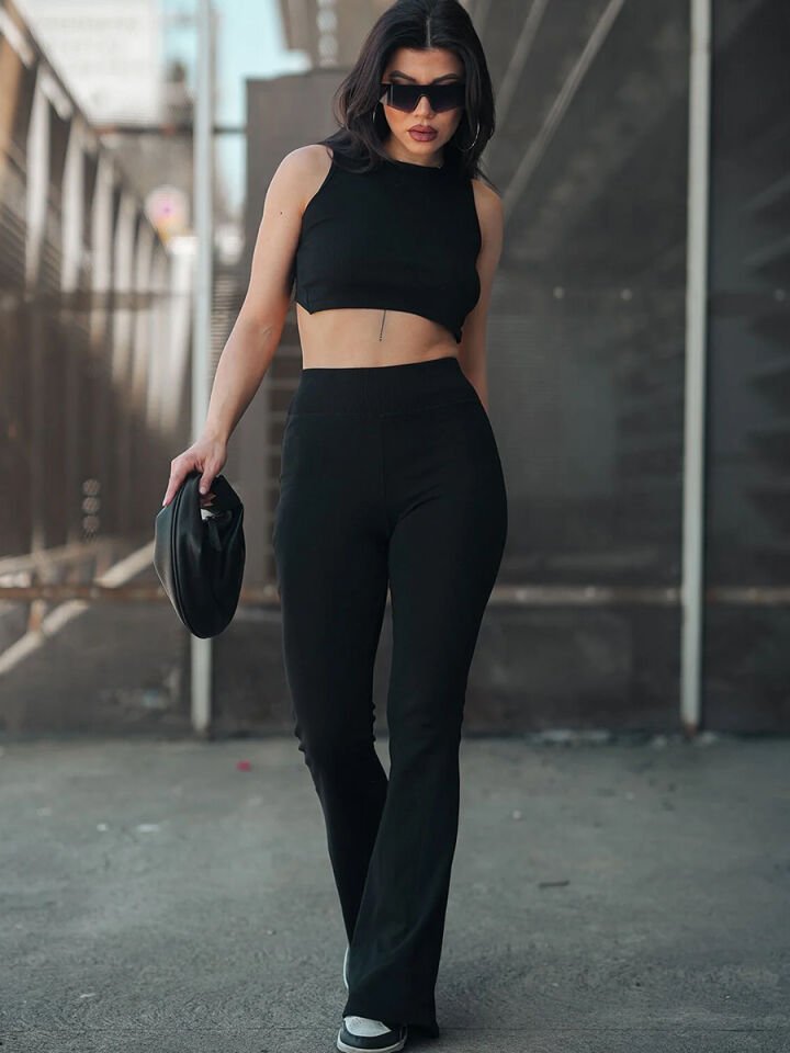 Kadın  İspanyol Paça Tayt Pantolon GENİŞ KEMER RİBANALI 2440 XL - SİYAH