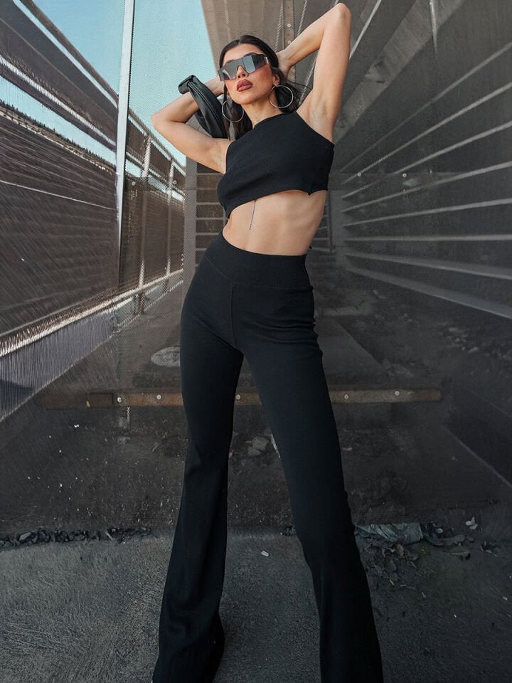 Kadın  İspanyol Paça Tayt Pantolon GENİŞ KEMER RİBANALI 2440 XL - SİYAH