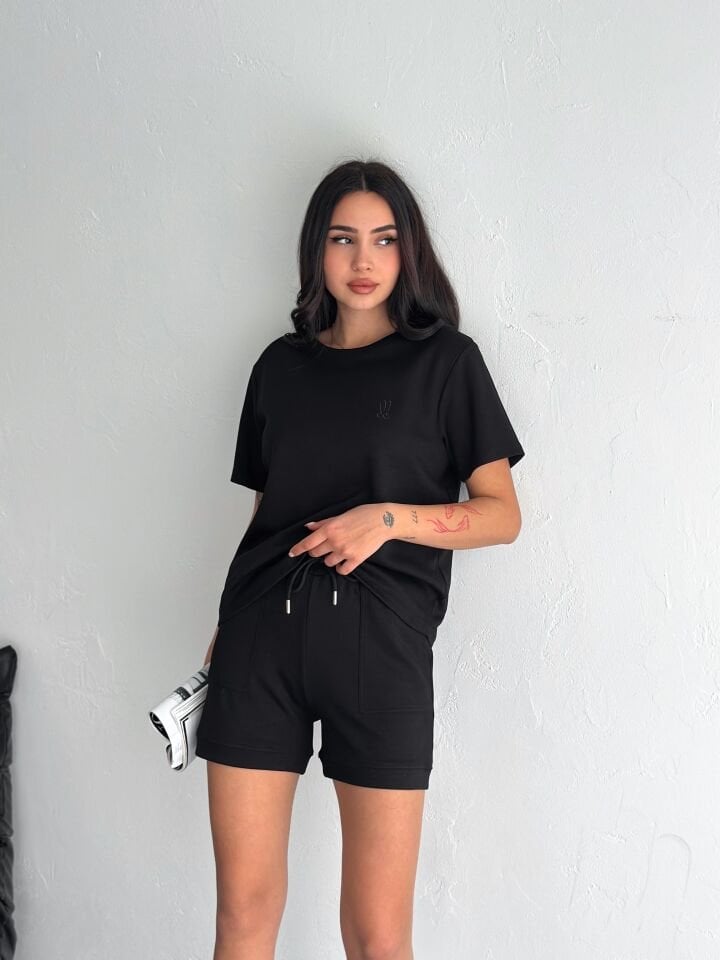 Kadın Tavşan NakışlıGünlük Kullanıma Uygun Şortlu Takım 2463 S - SİYAH