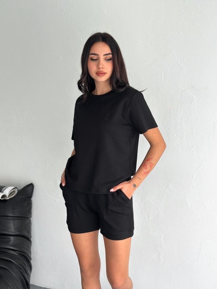 Kadın Tavşan NakışlıGünlük Kullanıma Uygun Şortlu Takım 2463 XL - SİYAH