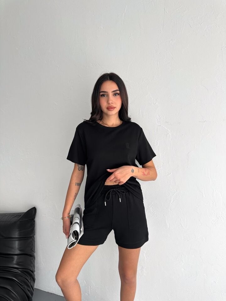 Kadın Tavşan NakışlıGünlük Kullanıma Uygun Şortlu Takım 2463 XL - SİYAH