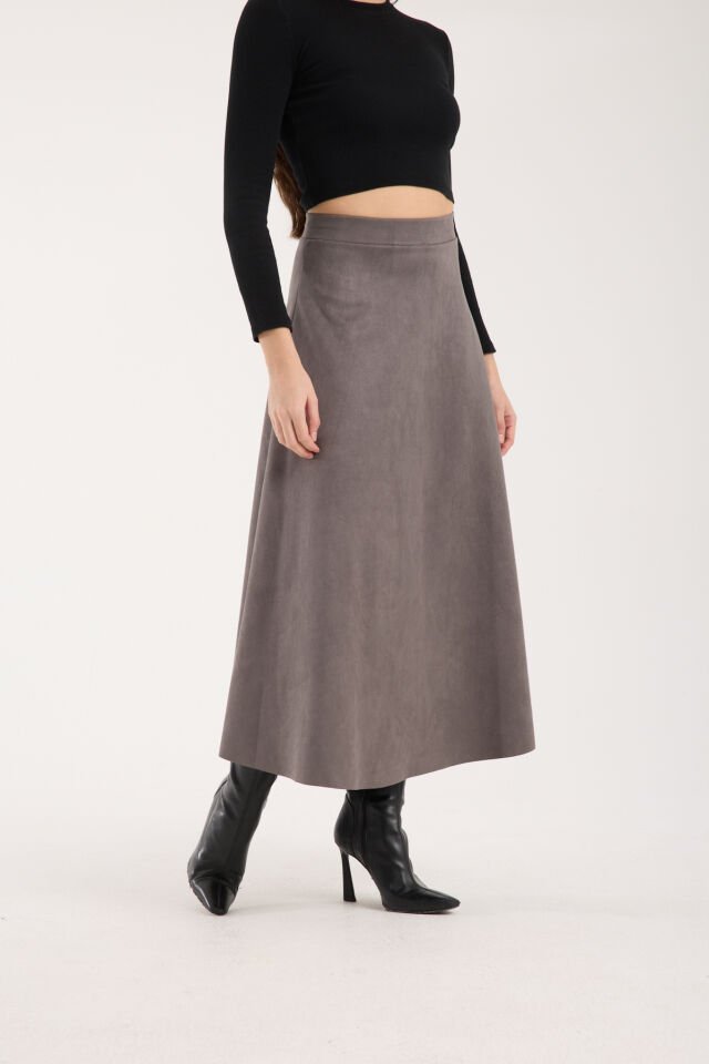 Kadın 90cm Uzun Tam Boy Kloş  Süet Etek 2426 S - GRİ