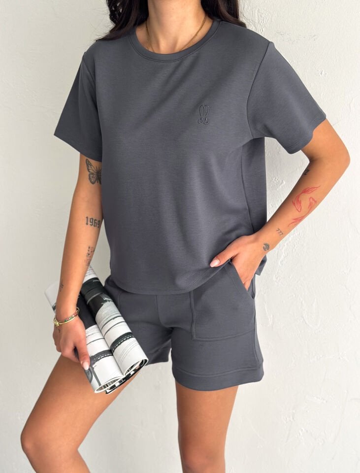 Kadın Tavşan NakışlıGünlük Kullanıma Uygun Şortlu Takım 2463 S - KOYU GRİ