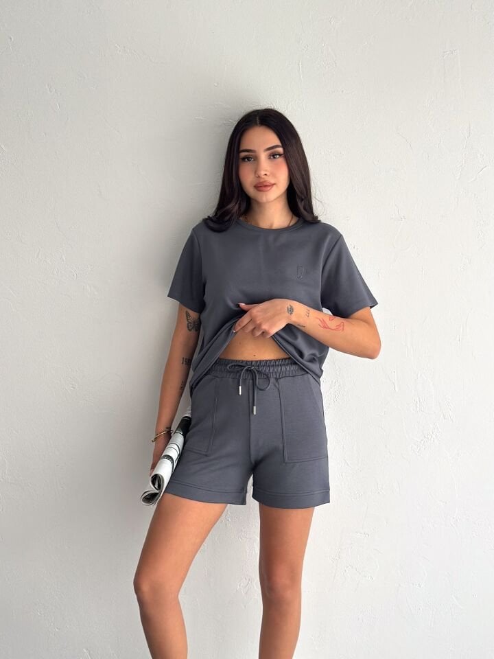 Kadın Tavşan NakışlıGünlük Kullanıma Uygun Şortlu Takım 2463 S - KOYU GRİ