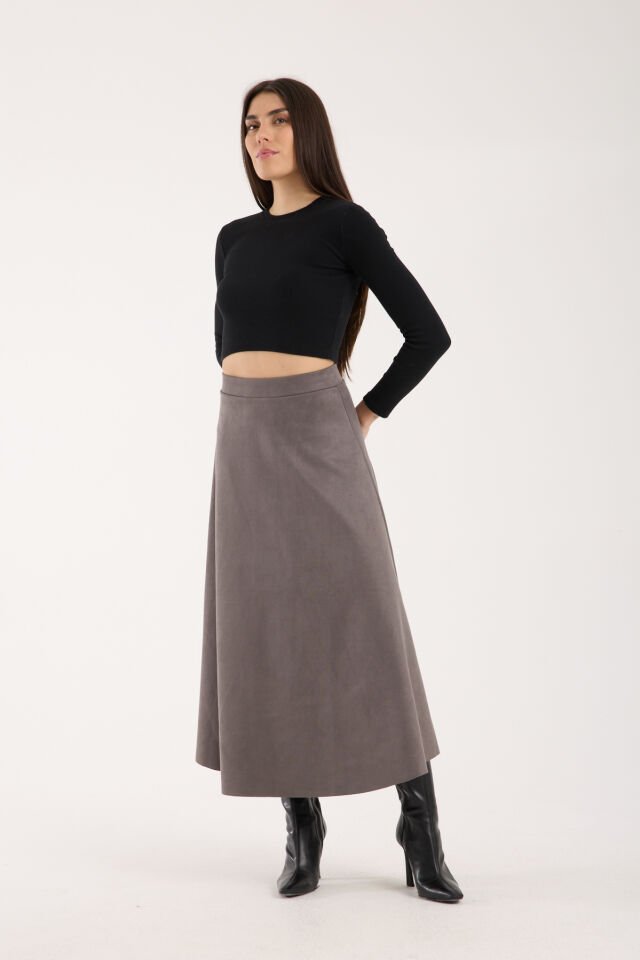 UZUN SÜET ETEK - 90 CM TAM BOY KLOŞ SÜET ETEK M - GRİ