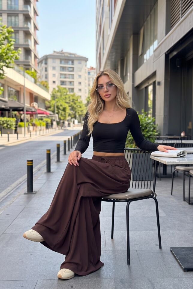 Etek Pantolon / Günlük Şık Dökümlü Salaş Pantolon -2710 KAHVE - XL-2XL