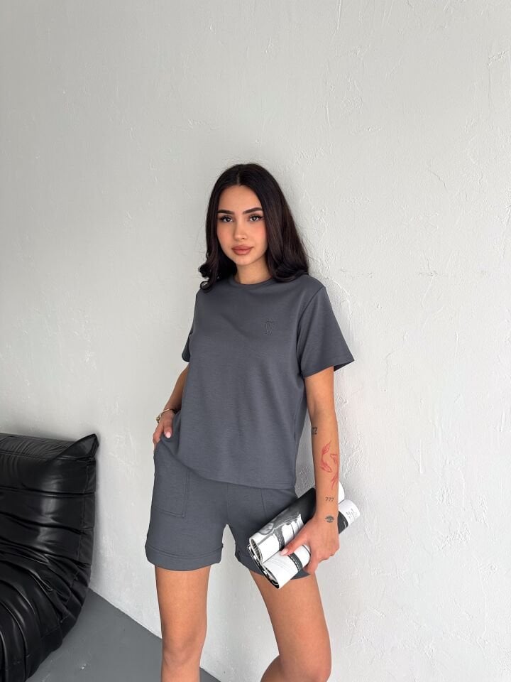 Kadın Tavşan NakışlıGünlük Kullanıma Uygun Şortlu Takım 2463 XL - KOYU GRİ