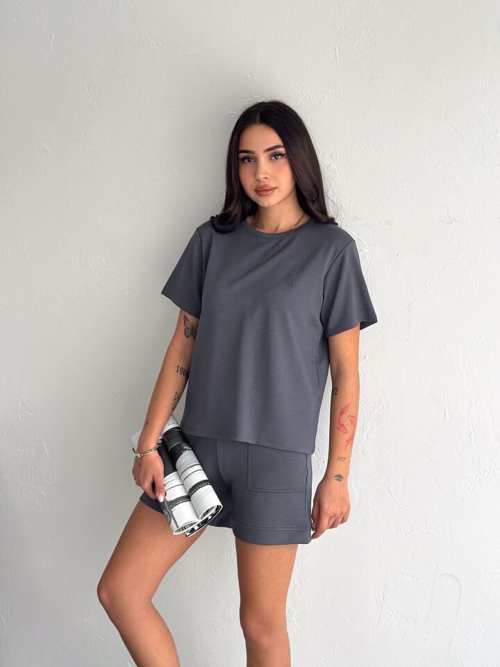 Kadın Tavşan NakışlıGünlük Kullanıma Uygun Şortlu Takım 2463 XL - KOYU GRİ