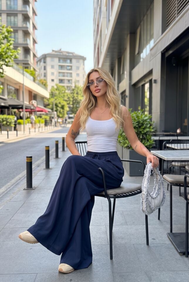 Etek Pantolon / Günlük Şık Dökümlü Salaş Pantolon -2710 LACİVERT - XL-2XL