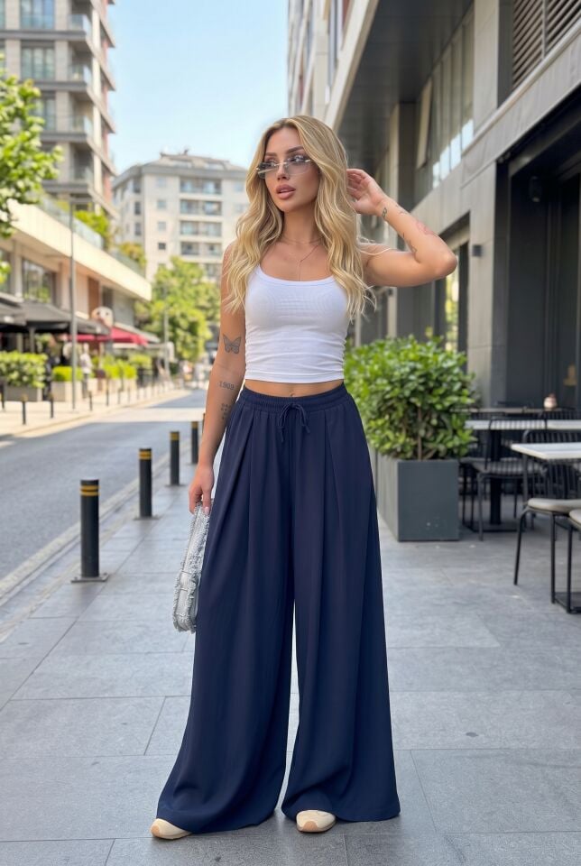 Etek Pantolon / Günlük Şık Dökümlü Salaş Pantolon -2710 LACİVERT - XL-2XL