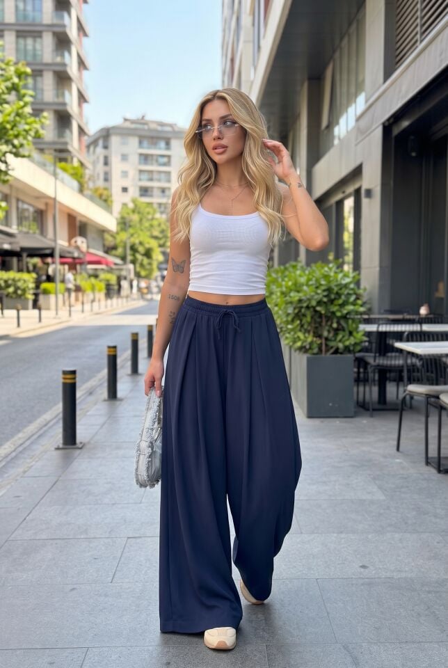 Etek Pantolon / Günlük Şık Dökümlü Salaş Pantolon -2710 LACİVERT - XL-2XL