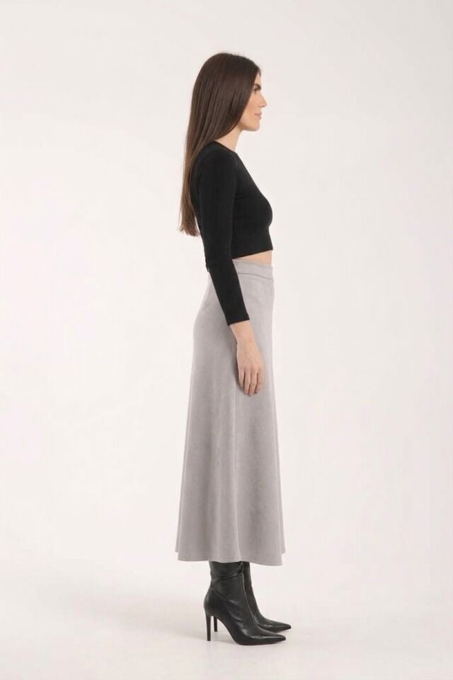 Kadın 90cm Uzun Tam Boy Kloş  Süet Etek 2426 XL - GRİ