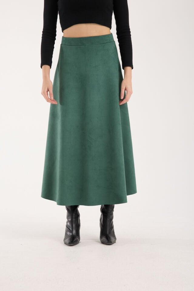 Kadın 90cm Uzun Tam Boy Kloş  Süet Etek 2426 S - YEŞİL