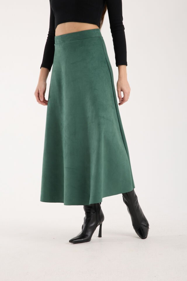 Kadın 90cm Uzun Tam Boy Kloş  Süet Etek 2426 L - YEŞİL