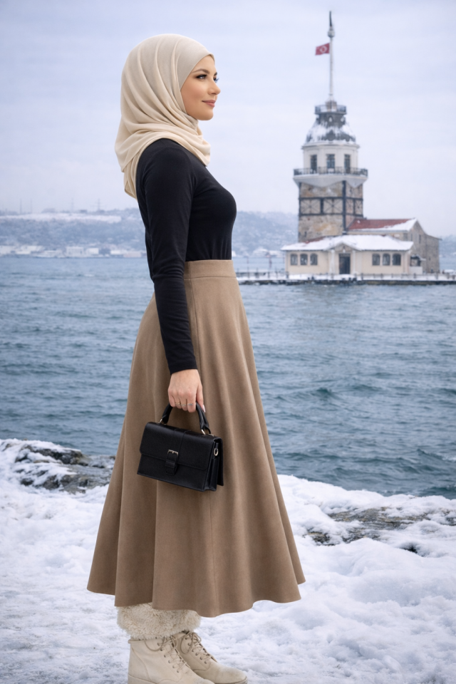 Kadın 90cm Uzun Tam Boy Kloş  Süet Etek 2426 XL - VİZON