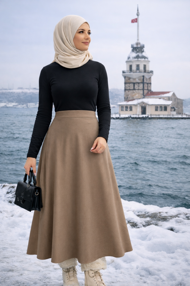 Kadın 90cm Uzun Tam Boy Kloş  Süet Etek 2426 XL - VİZON