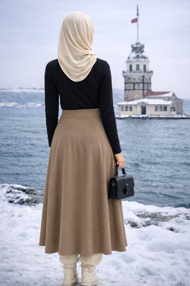 Kadın 90cm Uzun Tam Boy Kloş  Süet Etek 2426 M - VİZON