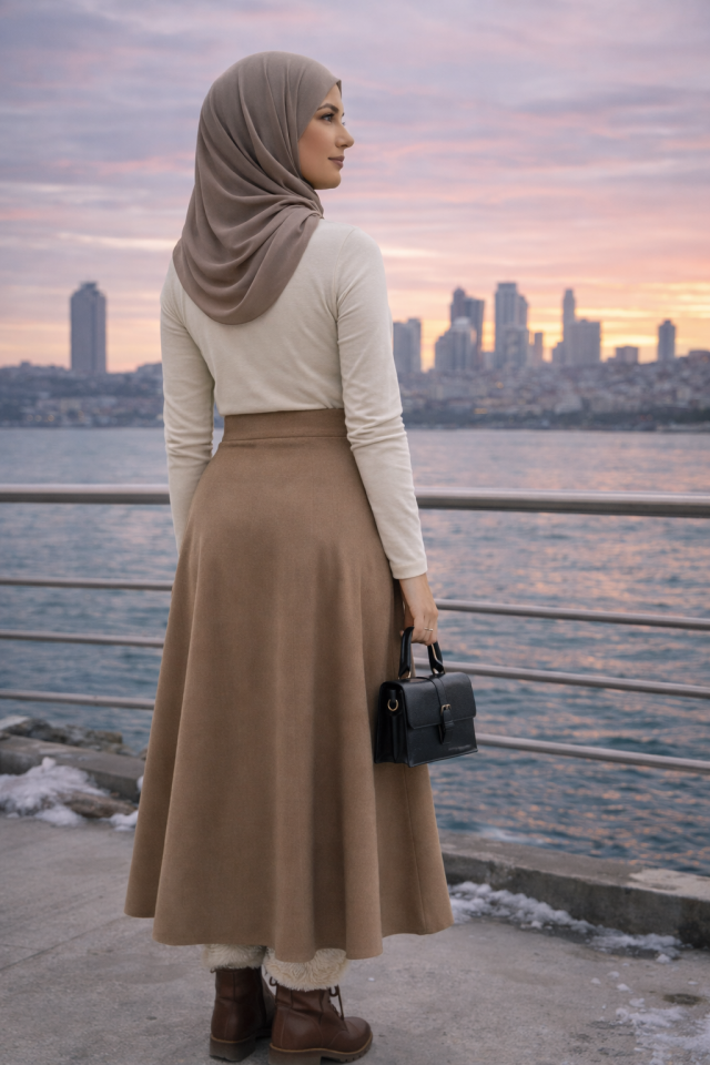 Kadın 90cm Uzun Tam Boy Kloş  Süet Etek 2426 M - VİZON