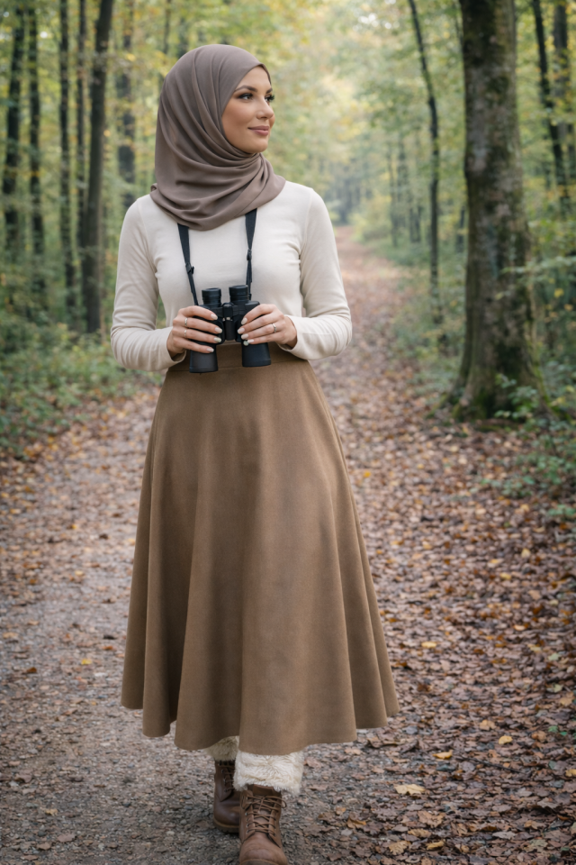 Kadın 90cm Uzun Tam Boy Kloş  Süet Etek 2426 M - VİZON