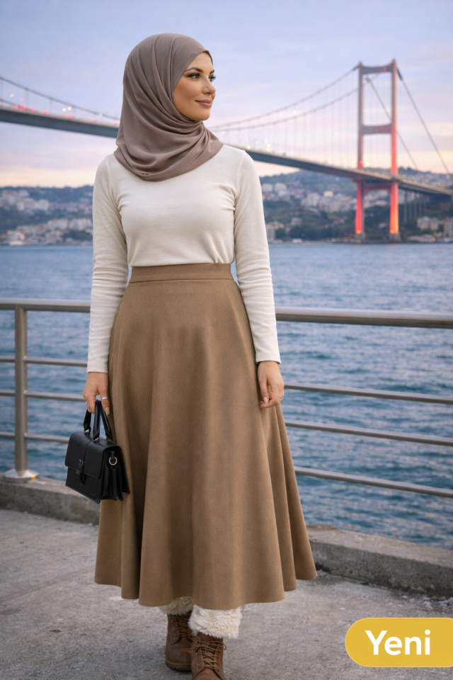 Kadın 90cm Uzun Tam Boy Kloş  Süet Etek 2426 M - VİZON