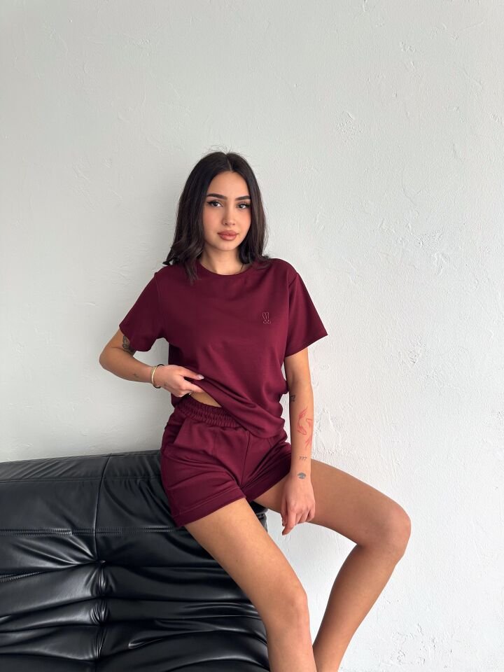 Kadın Tavşan NakışlıGünlük Kullanıma Uygun Şortlu Takım 2463 M - BORDO