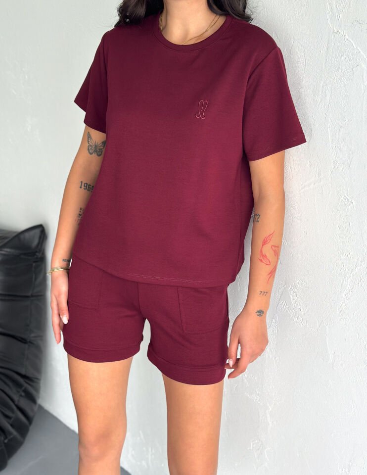 Kadın Tavşan NakışlıGünlük Kullanıma Uygun Şortlu Takım 2463 L - BORDO