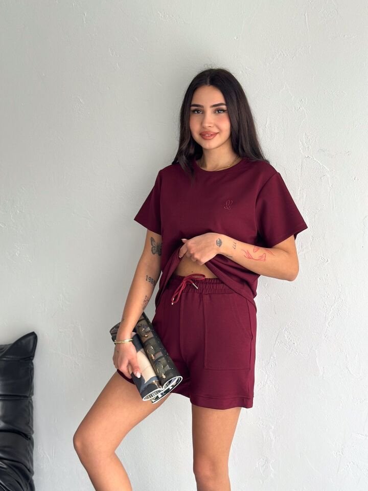 Kadın Tavşan NakışlıGünlük Kullanıma Uygun Şortlu Takım 2463 L - BORDO