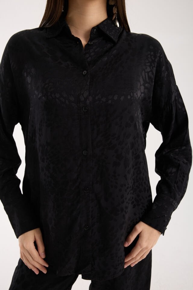 Kadın Desenli ve Dokulu Salaş Gömlek L - SİYAH