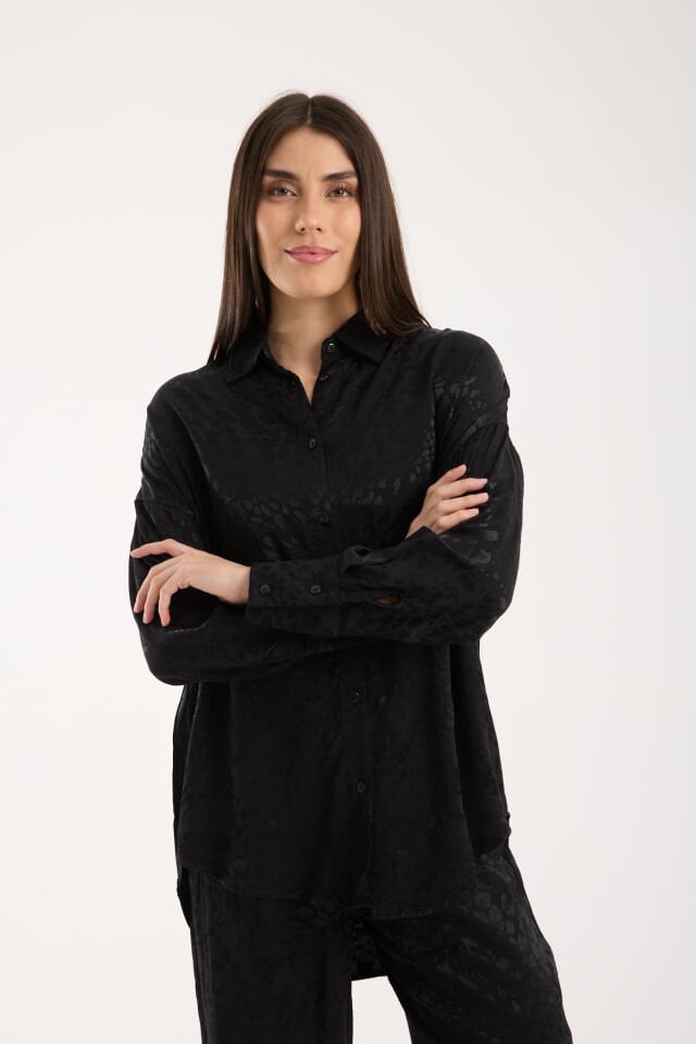 Kadın Desenli ve Dokulu Salaş Gömlek L - SİYAH