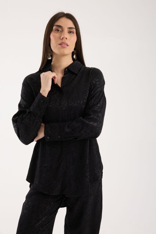 Kadın Desenli ve Dokulu Salaş Gömlek L - SİYAH