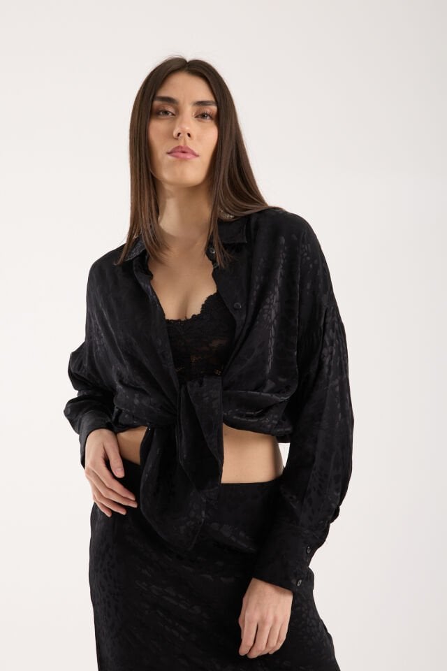 Kadın Desenli ve Dokulu Salaş Gömlek L - SİYAH