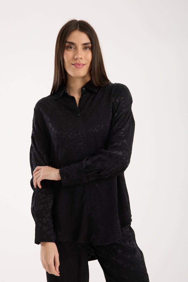 Kadın Desenli ve Dokulu Salaş Gömlek L - SİYAH