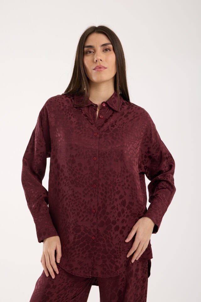 Kadın Desenli ve Dokulu Salaş Gömlek L - BORDO