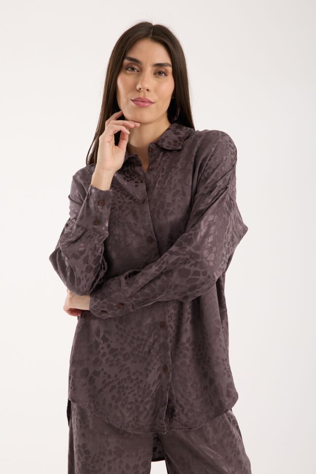 Kadın Desenli ve Dokulu Salaş Gömlek L - FÜME ANRESİT