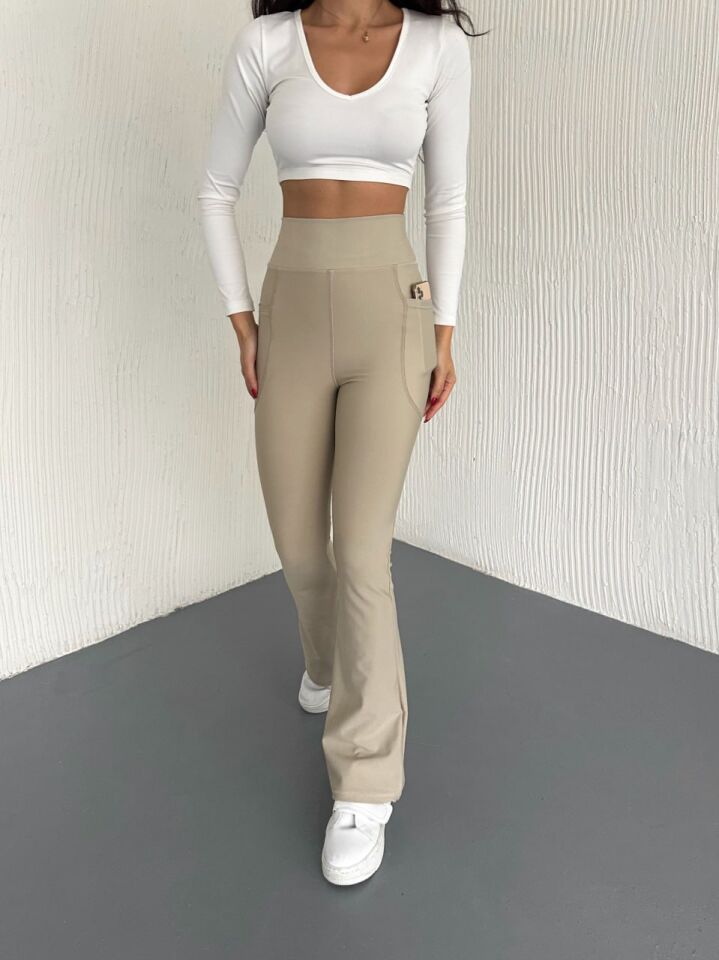 Kadın Günlük ve Spor İspanyol Tayt Pantolon L - BEJ