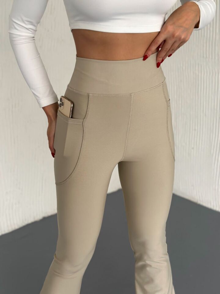 Kadın Günlük ve Spor İspanyol Tayt Pantolon L - BEJ