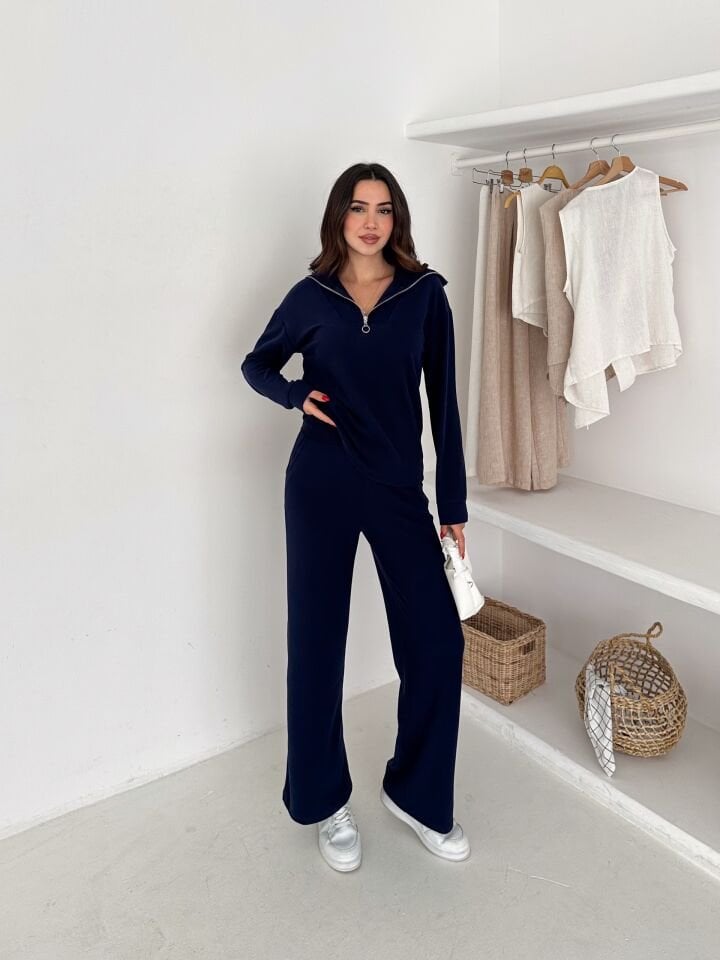 Selanik Kumaş Eşofman Takımı Kadın | Knit Tracksuit Women | Fermuarlı Rahat Fit Set XL - LACİVERT