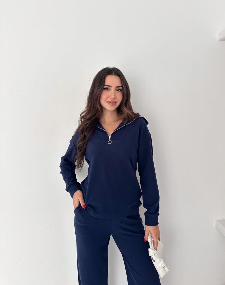 Selanik Kumaş Eşofman Takımı Kadın | Knit Tracksuit Women | Fermuarlı Rahat Fit Set XL - LACİVERT