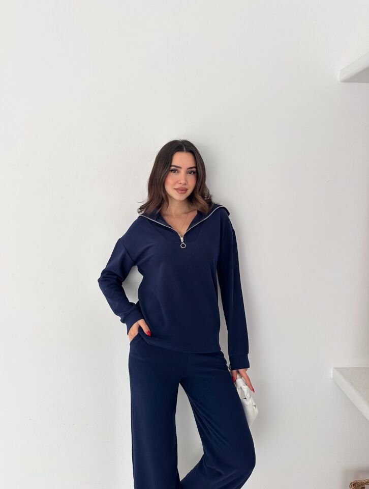 Selanik Kumaş Eşofman Takımı Kadın | Knit Tracksuit Women | Fermuarlı Rahat Fit Set XL - LACİVERT