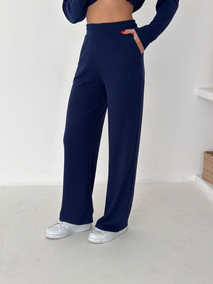 Selanik Kumaş Eşofman Takımı Kadın | Knit Tracksuit Women | Fermuarlı Rahat Fit Set XL - LACİVERT