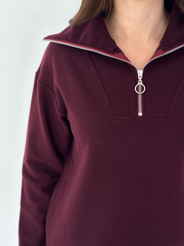 Kadın Fermuarlı Selanik Kumaş Rahat Fit Eşofman Takımı 2595 S - BORDO