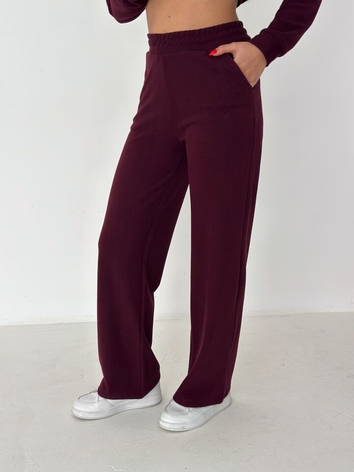Selanik Kumaş Eşofman Takımı Kadın | Knit Tracksuit Women | Fermuarlı Rahat Fit Set XL - BORDO