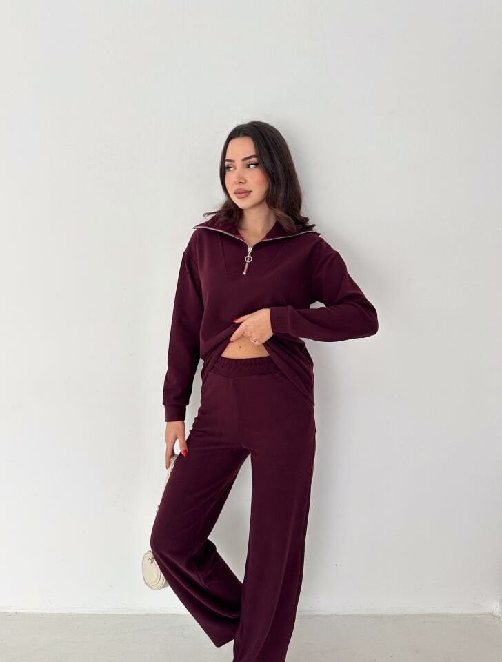 Selanik Kumaş Eşofman Takımı Kadın | Knit Tracksuit Women | Fermuarlı Rahat Fit Set XL - BORDO