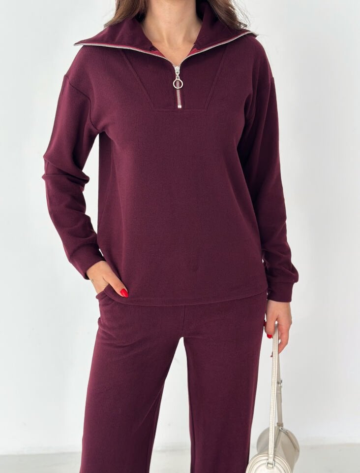Selanik Kumaş Eşofman Takımı Kadın | Knit Tracksuit Women | Fermuarlı Rahat Fit Set XL - BORDO