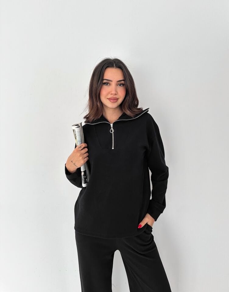 Kadın Fermuarlı Selanik Kumaş Rahat Fit Eşofman Takımı 2595 S - SİYAH