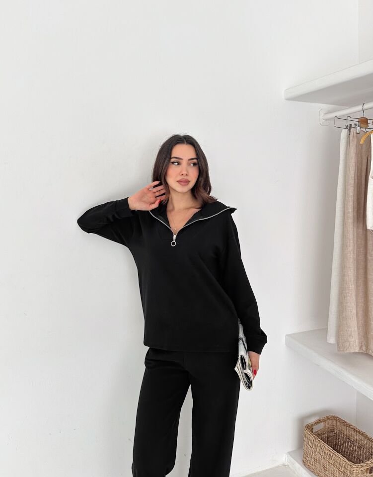 Selanik Kumaş Eşofman Takımı Kadın | Knit Tracksuit Women | Fermuarlı Rahat Fit Set XL - SİYAH