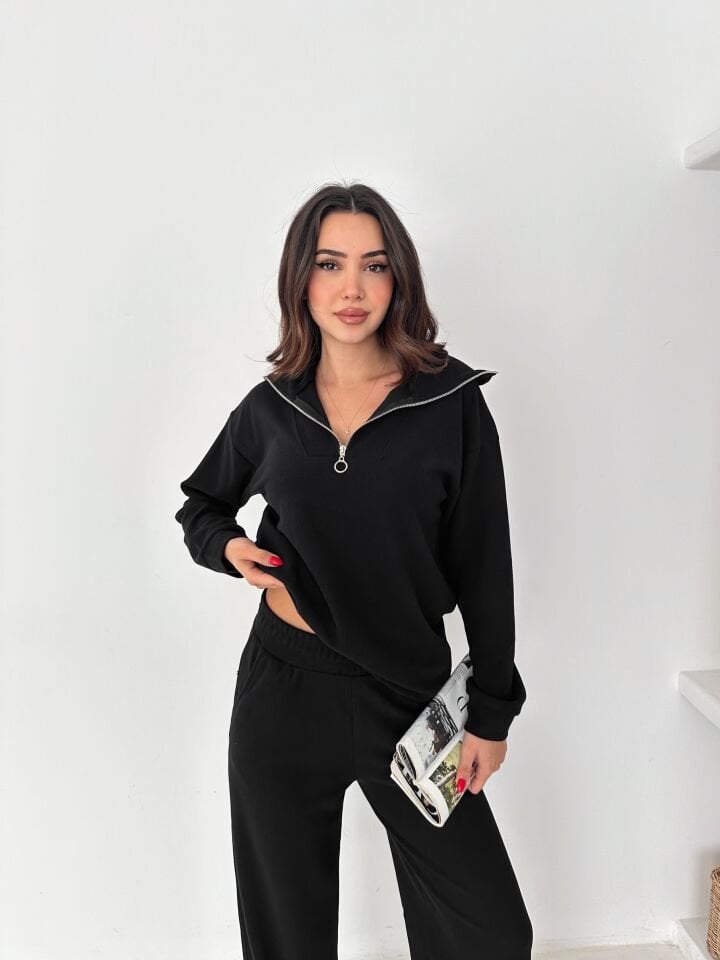 Selanik Kumaş Eşofman Takımı Kadın | Knit Tracksuit Women | Fermuarlı Rahat Fit Set XL - SİYAH