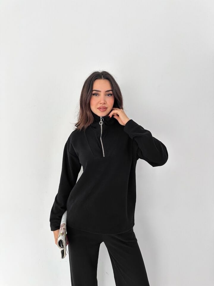 Selanik Kumaş Eşofman Takımı Kadın | Knit Tracksuit Women | Fermuarlı Rahat Fit Set XL - SİYAH